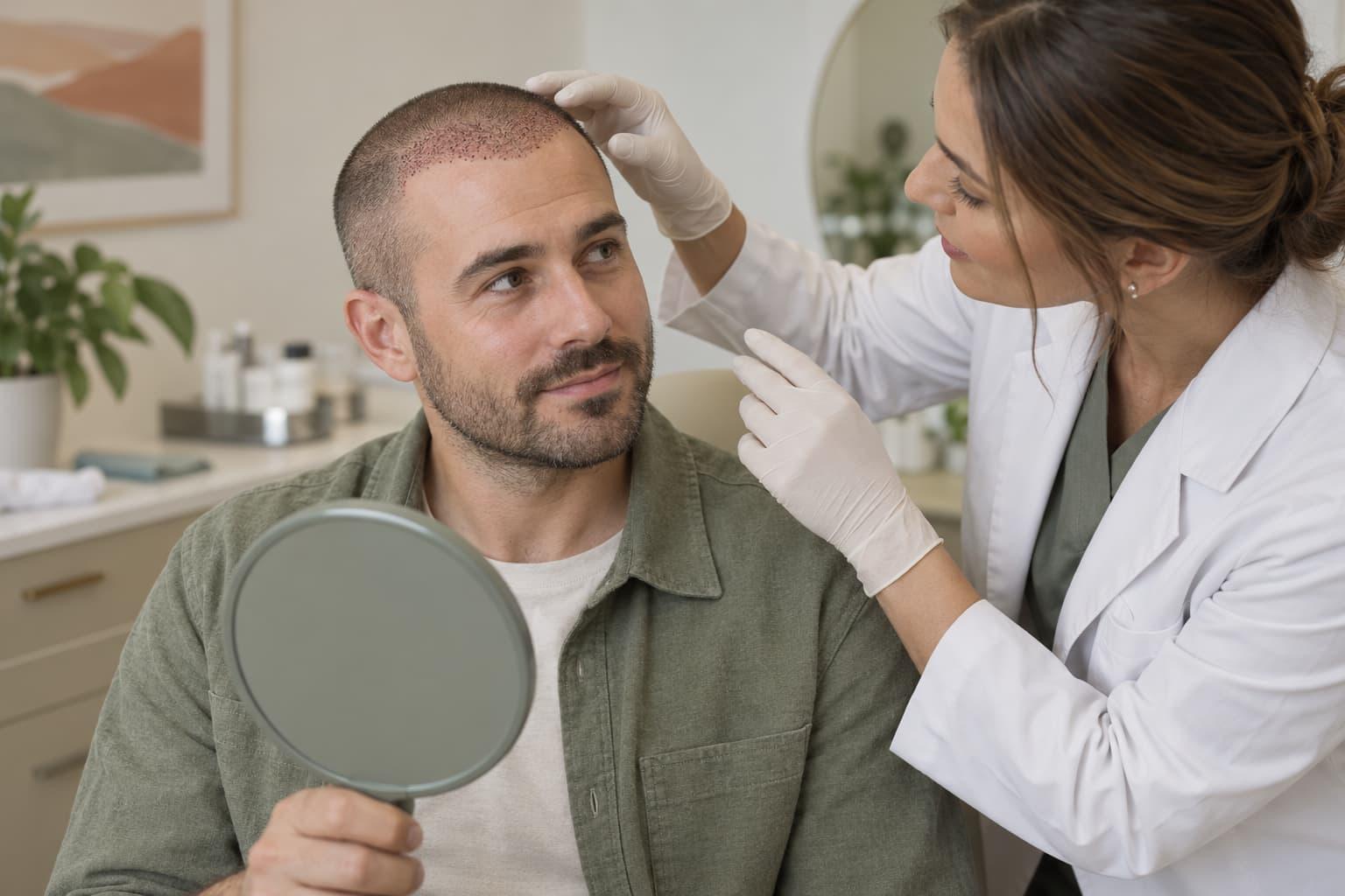 A clinician discussing scalp healing and postoperative instructions with an adult hair transplant patient