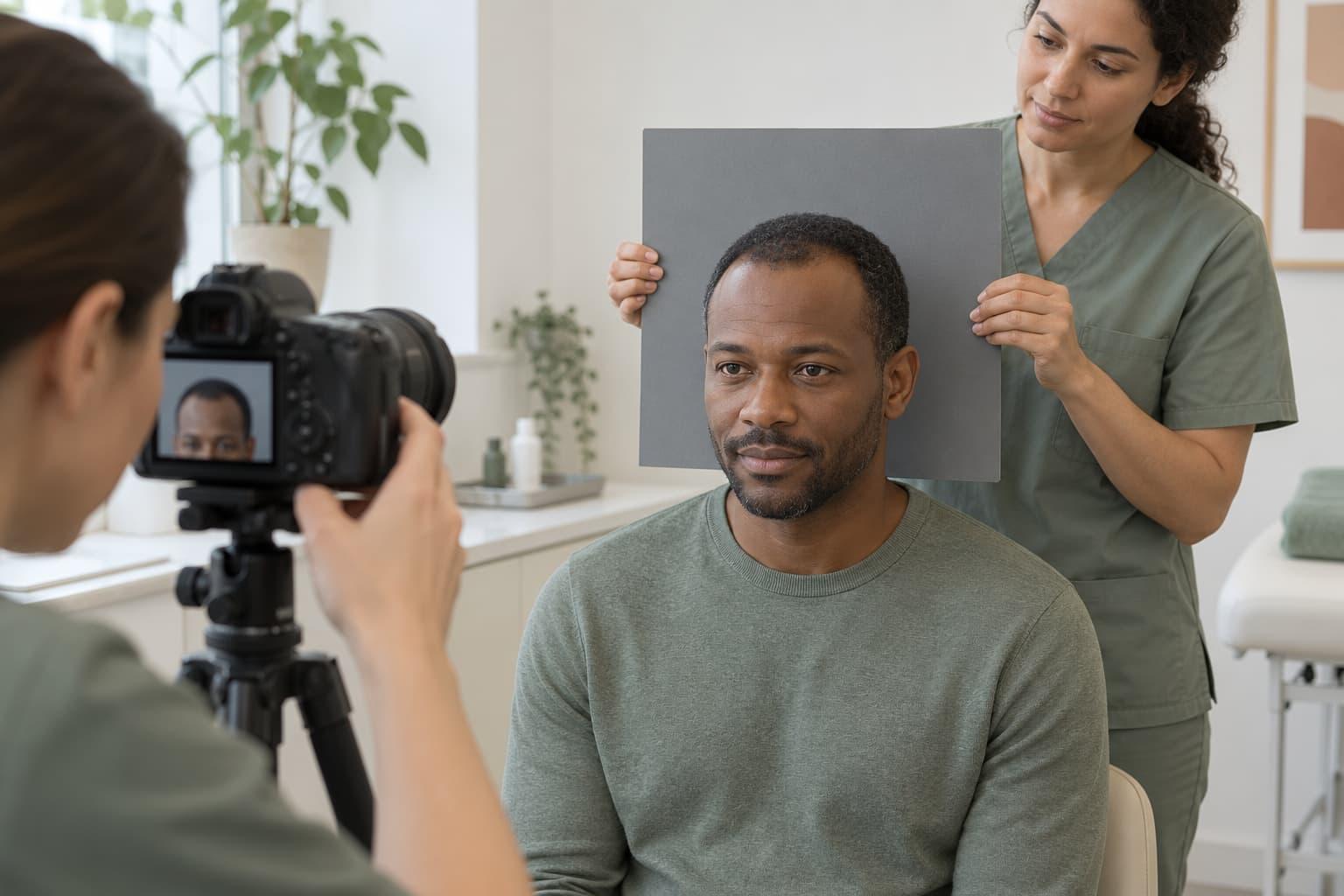 A clinician and adult patient reviewing a consistent scalp photography setup during a hair transplant follow-up