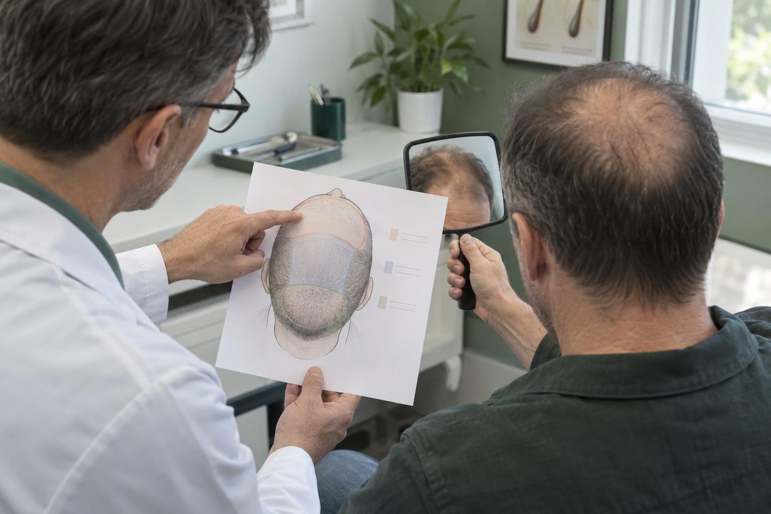 Generated scene of a clinician and patient reviewing different scalp regions on a drawing alongside a mirror view of the patient's thinning hair