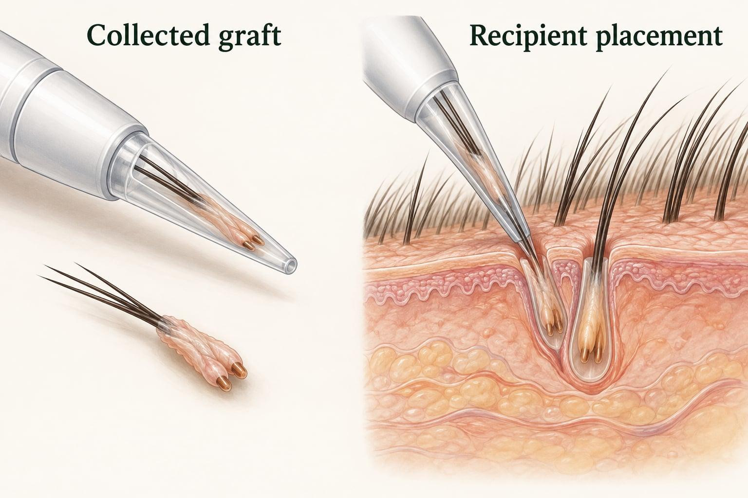 Conceptual cutaway showing a loaded sharp implanter placing a follicular-unit graft into recipient scalp