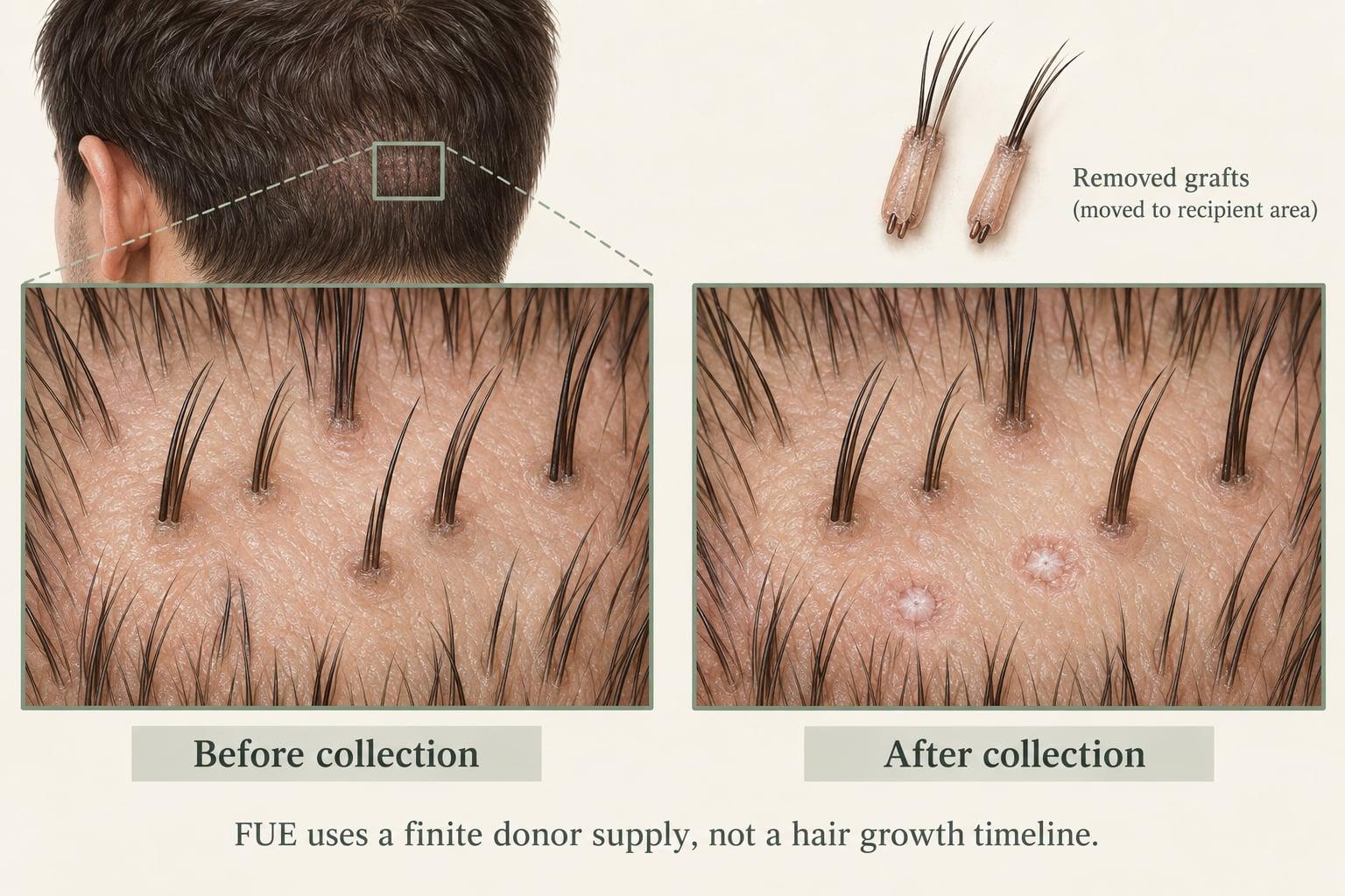 Conceptual illustration of a magnified donor patch before and after collection, with two removed grafts shown separately