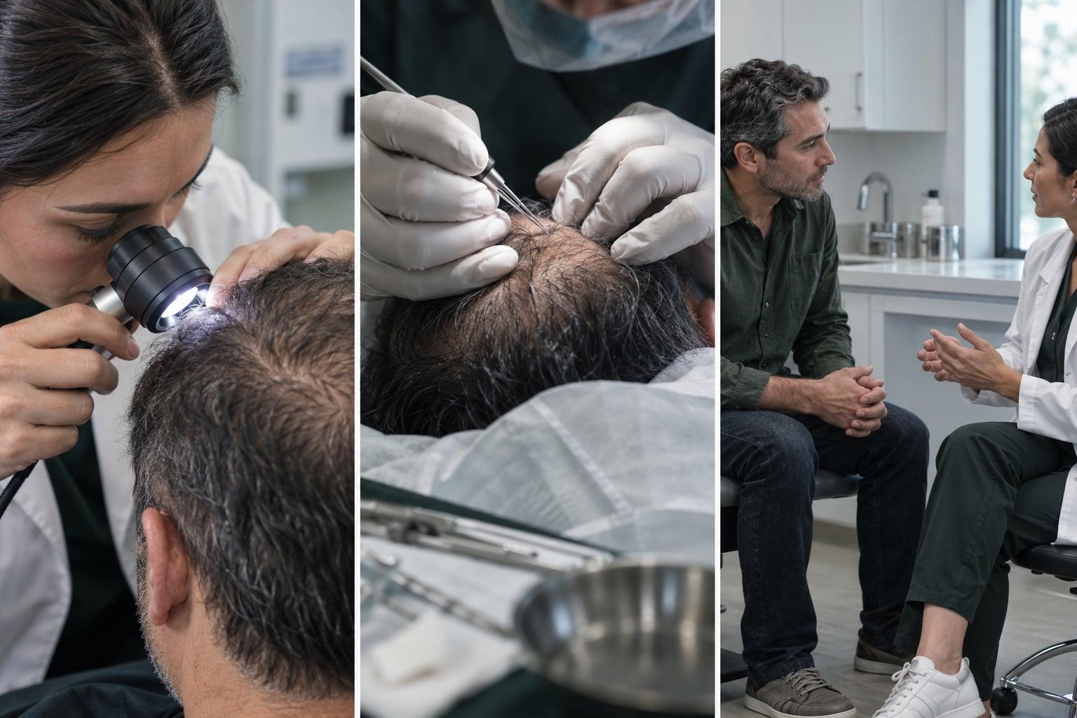 Three generated editorial scenes: a scalp assessment with a dermatoscope, gloved hands working at the scalp and a follow-up conversation