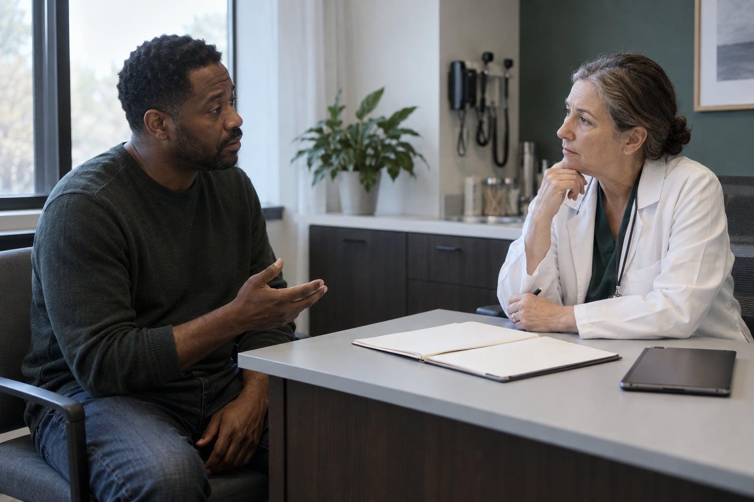 Generated editorial scene of a patient discussing a care plan with a clinician across a desk