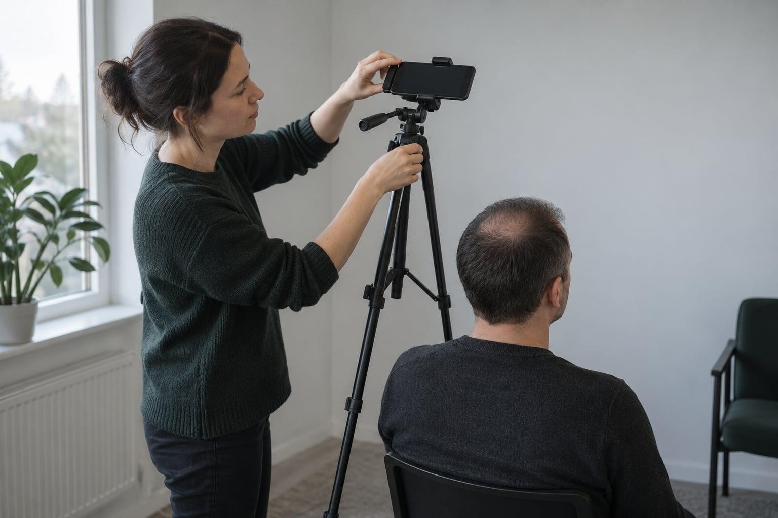 Generated editorial scene of a helper positioning a phone on a tripod behind a seated man for a scalp photograph