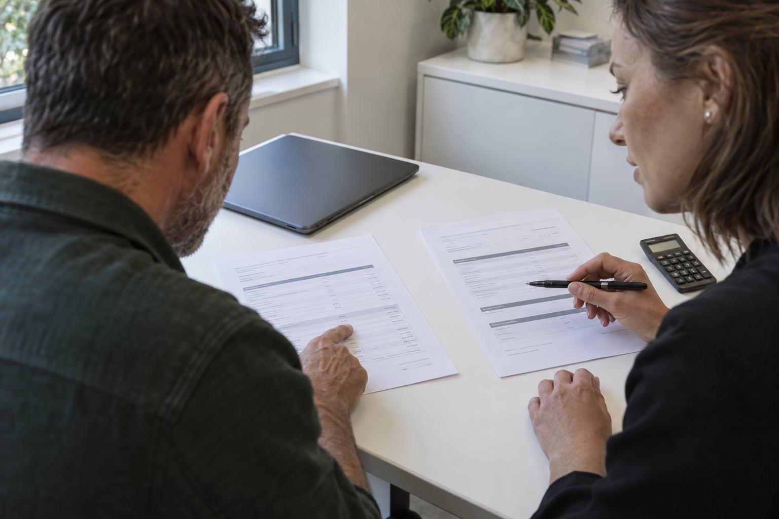 Generated editorial scene of two people comparing itemised documents on a desk with a pen and calculator
