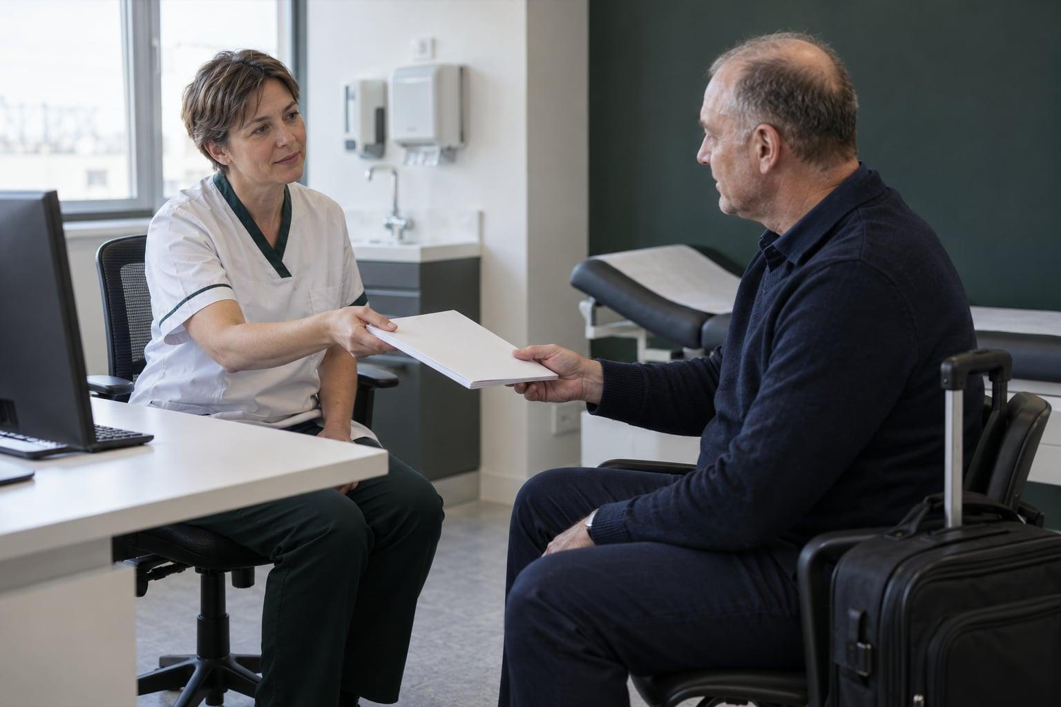 Generated editorial scene of a clinician handing a patient a care folder, with his travel bag beside the chair