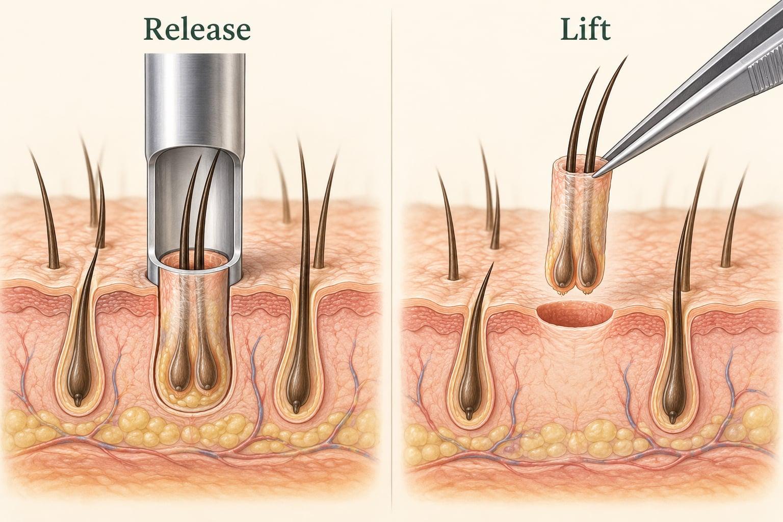Conceptual cutaway showing a circular punch surrounding a follicular unit and the unit collected as a small graft