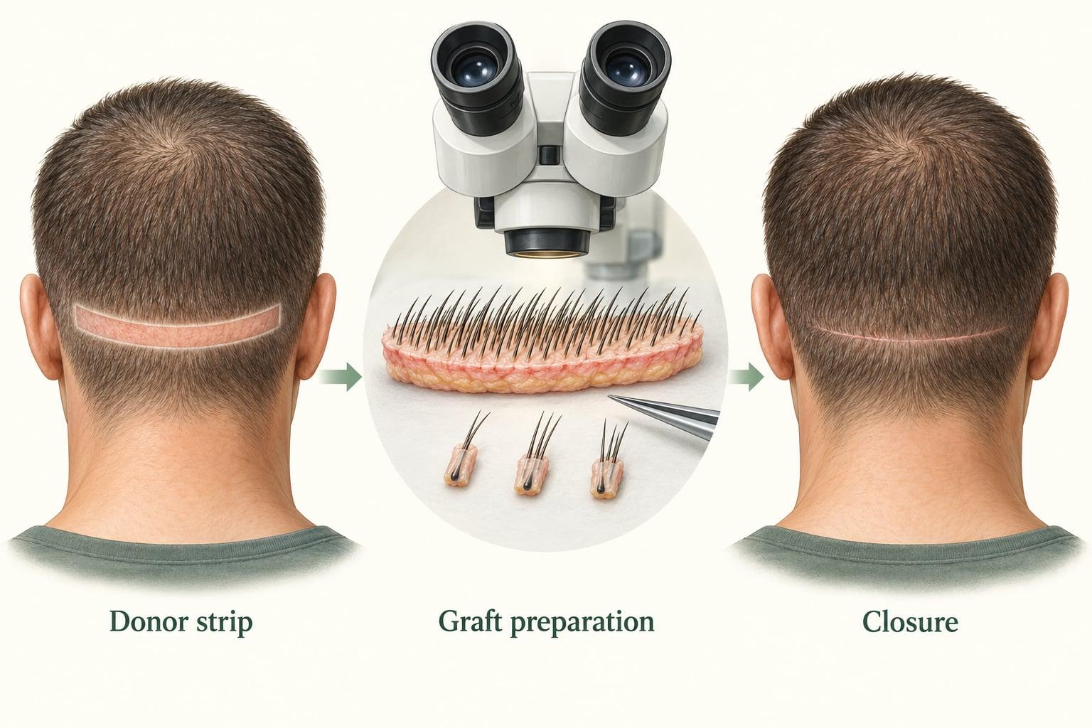 Conceptual sequence showing a donor strip, its division into small follicular-unit grafts and a linear donor closure