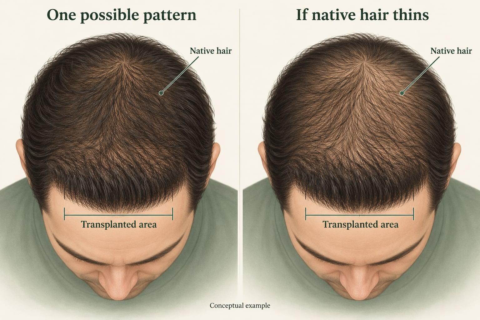 Conceptual scalp diagram showing how thinning of native hair around a transplanted region can change overall coverage even when the illustrated transplanted region stays the same