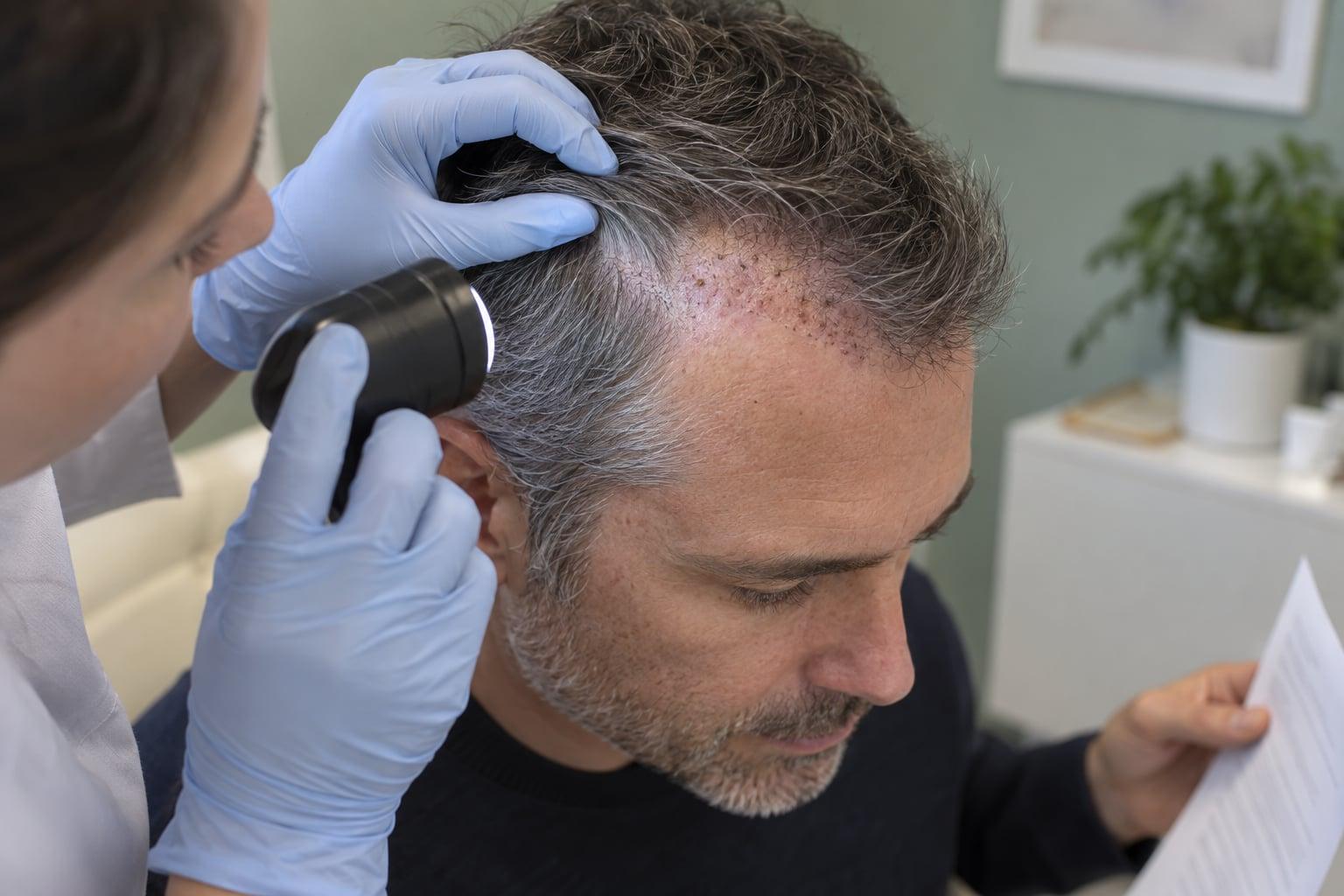 Generated illustrative scene of a clinician closely reviewing an adult's transplanted scalp during a non-graphic postoperative examination