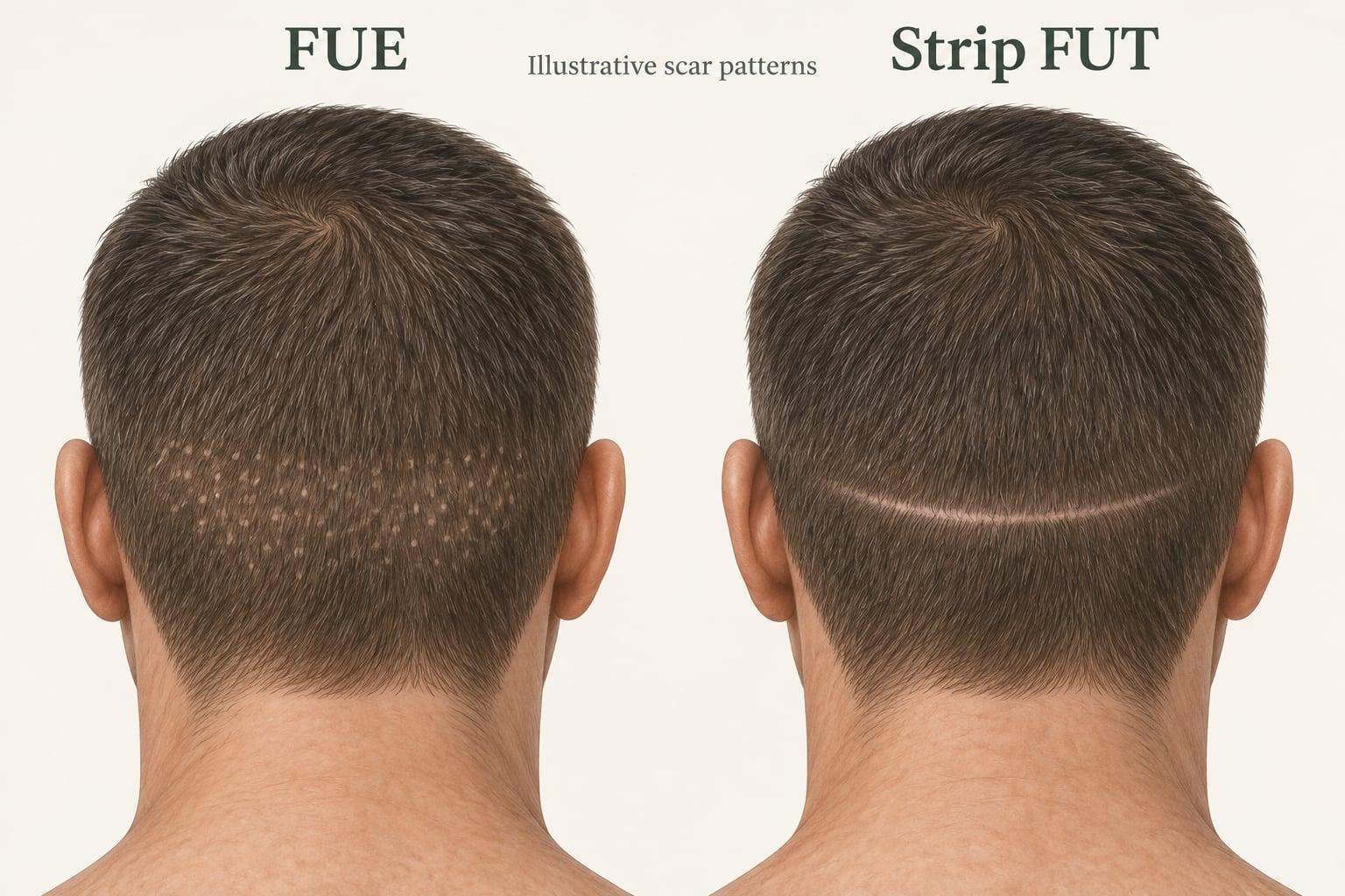 Conceptual comparison of scattered FUE donor scars and a linear strip FUT donor scar