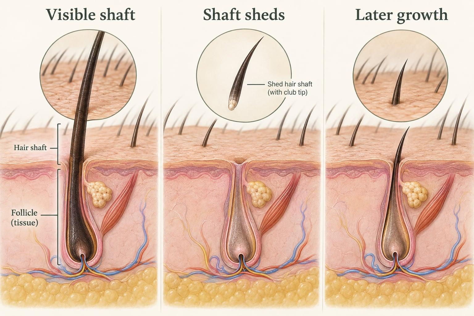 Three conceptual scalp cross-sections distinguish a retained transplanted follicle, shedding of its visible shaft and possible later hair growth