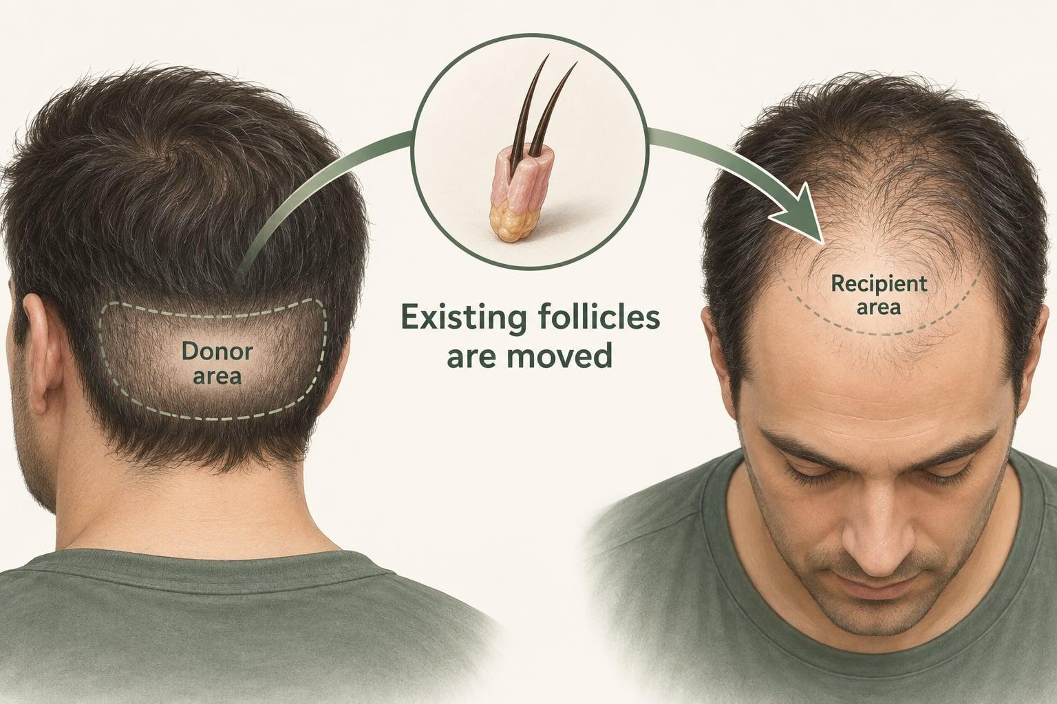 Generated teaching illustration showing rear and frontal views of the same scalp, with an enlarged graft moving from an approximate donor region towards a thinning recipient region