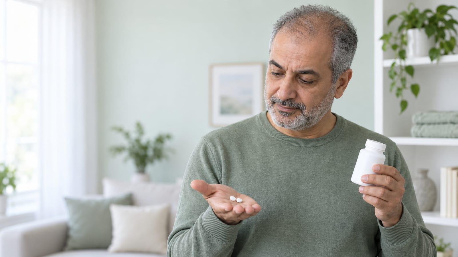 A man in his fifties with thinning grey hair holding an unbranded white bottle and looking at two plain tablets in his other palm