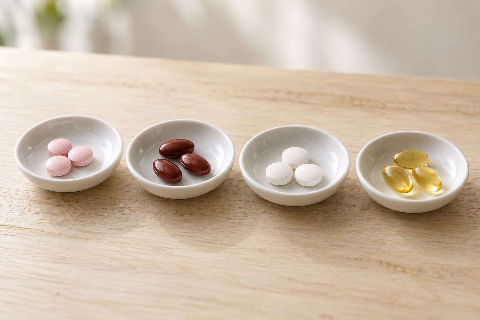 Four small white dishes in a row on a pale wooden table, each holding a different kind of plain tablet or capsule