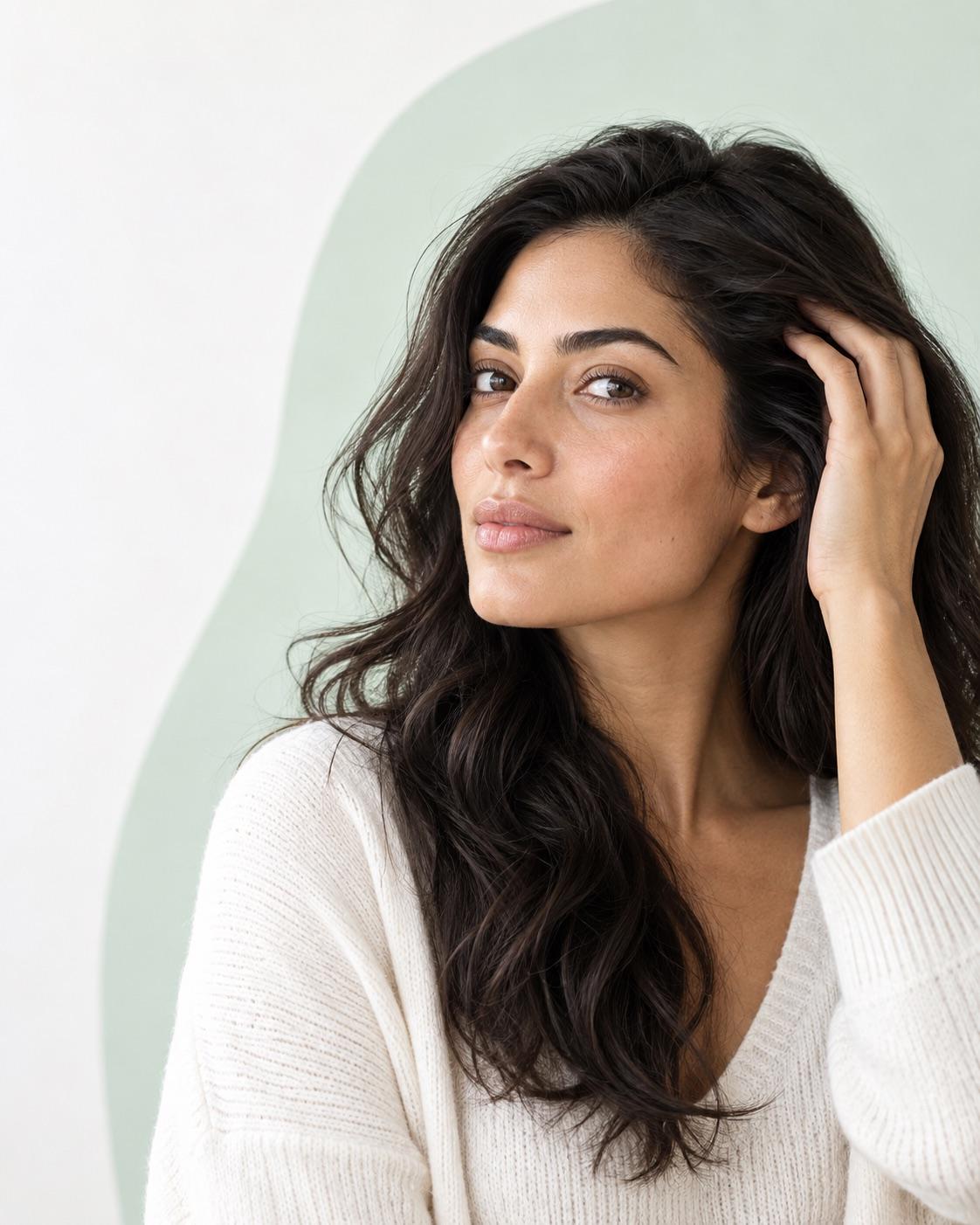 Woman with long dark hair touching her scalp